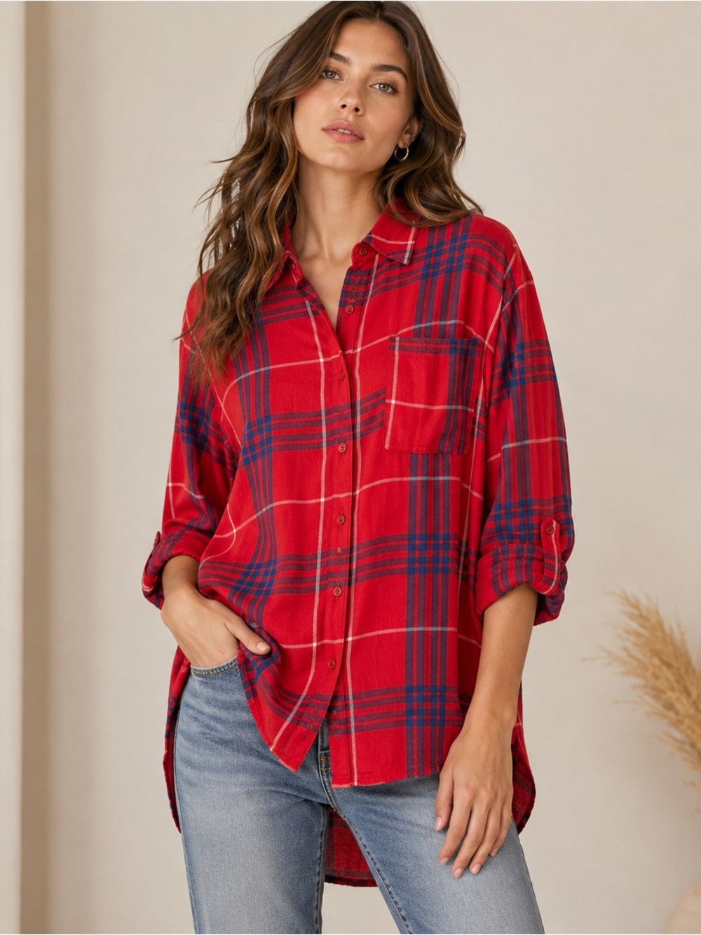 COMO Vintage Red Plaid Rayon High-Low Button Front Shirt Large
